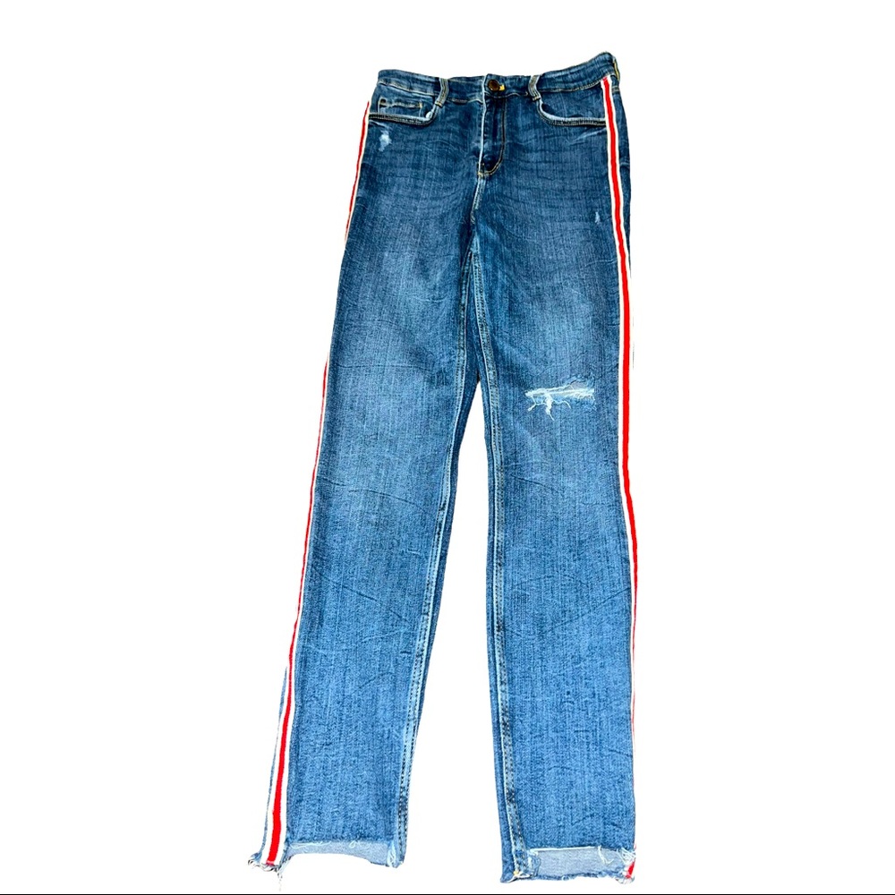 Zara Red Stripe Crop Jeans 8 x 27 Distressed jeans